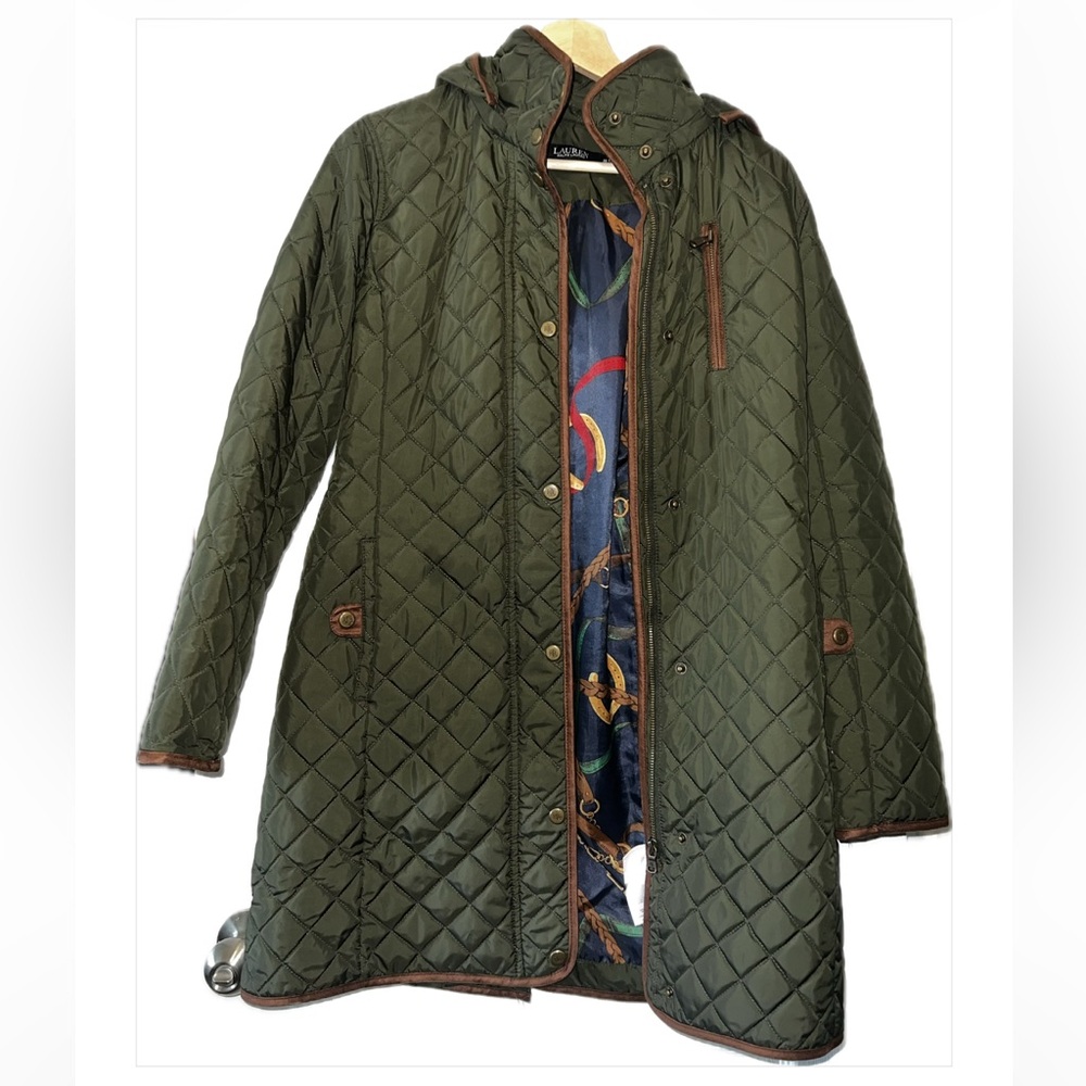 💚 LAUREN RALPH LAUREN Green Hooded Quilted Coat; Size XS - Picture 6 of 15